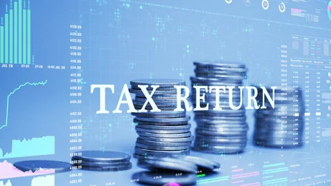 Tax return text on coins stack increase with business data hologram. Stock Footage 281387486