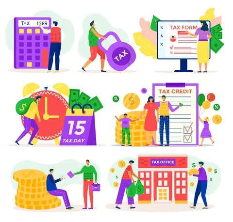 Tax service, element set vector illustrations. Economy investment promotion Stock Illustration