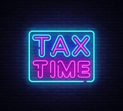 Tax Time neon text vector design template. Tax Time neon logo, light banner Illustrazione stock