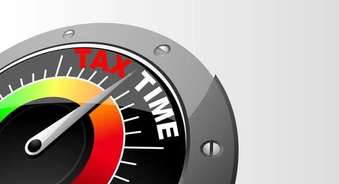 Tax time, speed indicator with arrow and scale from green to red, risk gauge. Illustrazione stock