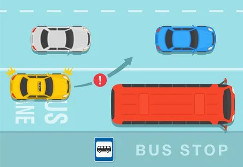Taxi is about to pass the solid line. Don't overtake by passing solid line. Stock Illustration