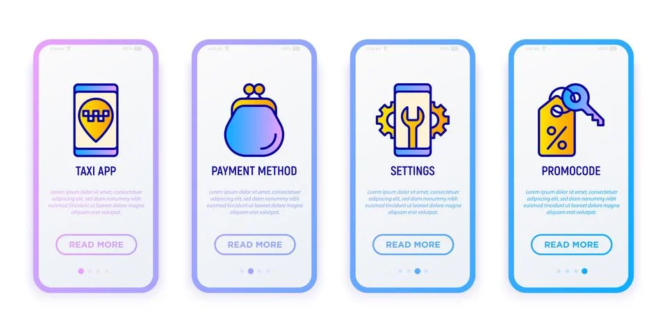 Taxi app mobile user interface. Thin line icons: payment method, settings Illustrazione stock