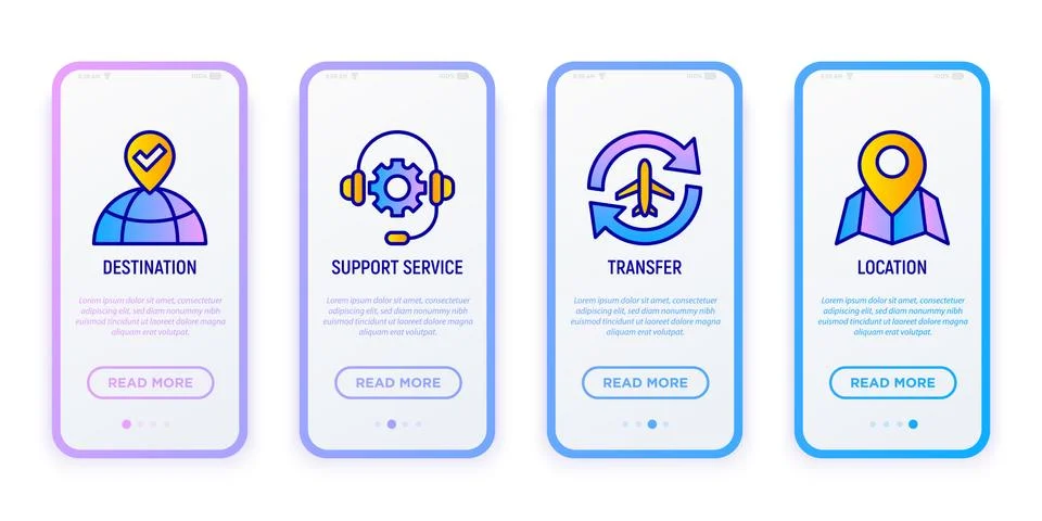 Taxi app mobile user interface. Thin line icons: destination, support service Illustrazione stock