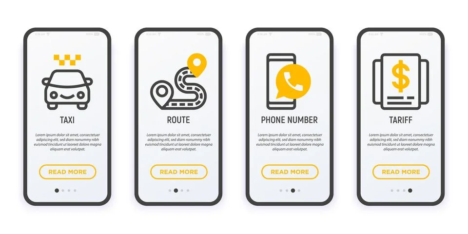 Taxi app user mobile interface. Thin line icons Illustrazione stock