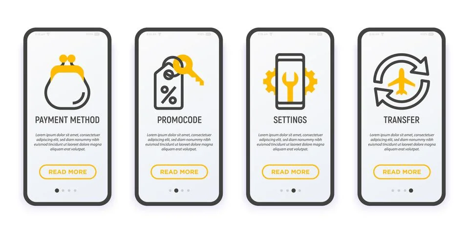 Taxi app user mobile interface. Thin line icons: payment method, promocode Stock Illustration