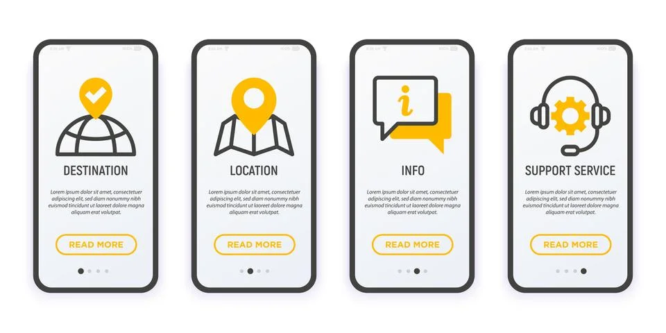 Taxi app user mobile interface. Thin line icons: destination, location, info, Stock Illustration