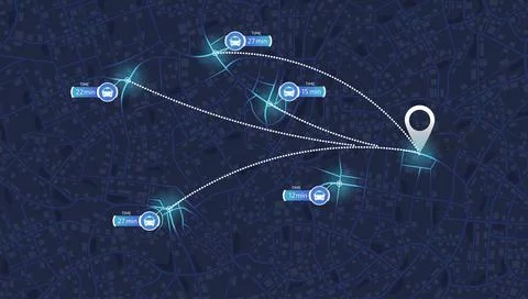Taxi booking app interface showing nearby cars and estimated arrival time on Stock Illustration