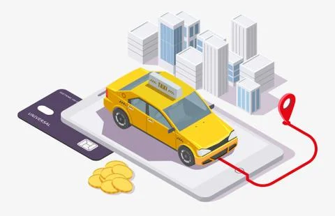 Taxi booking app, vector flat isometric illustration Ilustración de archivo