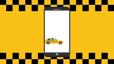 Taxi booking application on smartphone screen with checkered background and.. Stock Footage 334533763