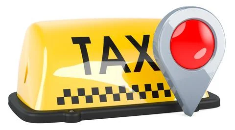 Taxi car signboard with map pointer. 3D rendering Illustrazione stock