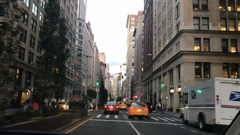 Taxi driver pov driving Park Avenue MetLife Building Manhattan New York City NYC Stock Footage