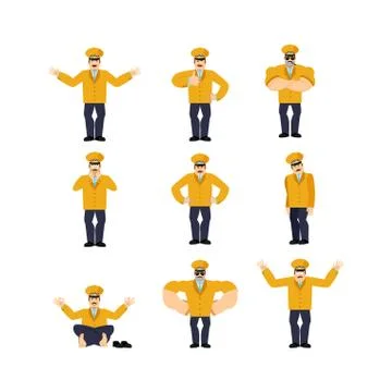 Taxi driver set poses. Cabdriver happy and yoga. Cabbie sleeping and angry. g Illustrazione stock