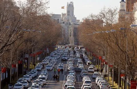 Taxi drivers strike for seventh consecutive day in Madrid, Spain - 27 Jan 2019 Stock Photos