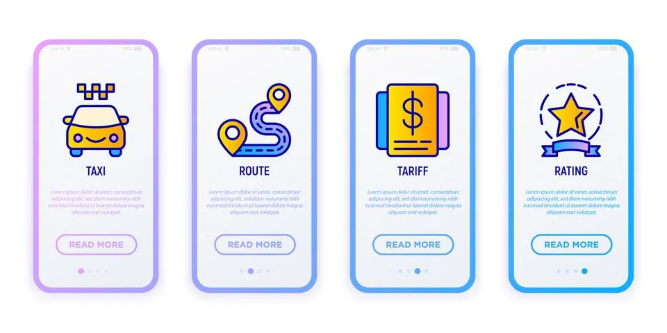 Taxi mobile user interface. Thin line icons: route, tariff, rating Stock Illustration
