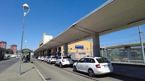Taxis in queue outside Lingotto railway station in Turin, Italy. Stock Footage 332368188