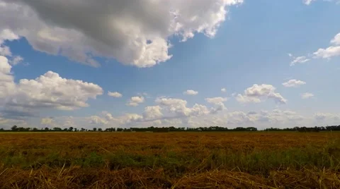 Taymlaps. Clouds over wheat field chamfered. Far stack straw. Video stock 52462022