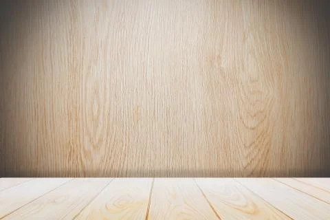 TBackground with empty wooden deck table over grunge cement wall, vintage Stock Photos