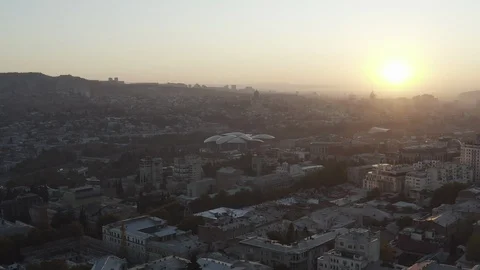 Tbilisi Aerial Shot during sunrise - 4K, D-log - 25 FPS Stock Footage