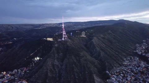 Tbilisi drone view with TV tower in the evening Stock Footage 255313551