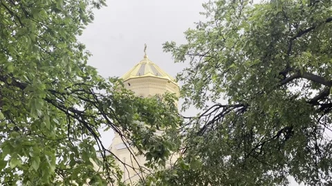 Tbilisi Holy Trinity Cathedral Sameba Georgia Orthodox Golden Dome Tree Foliage 库存影片 336616116