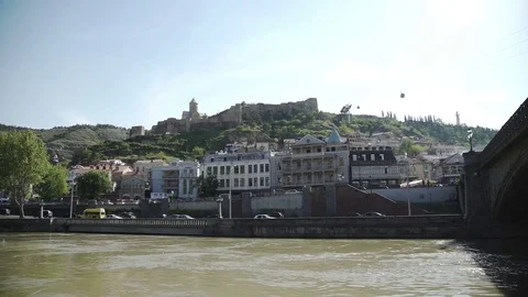 Tbilisi the Narikala fortress and fast cable cars Stock Footage