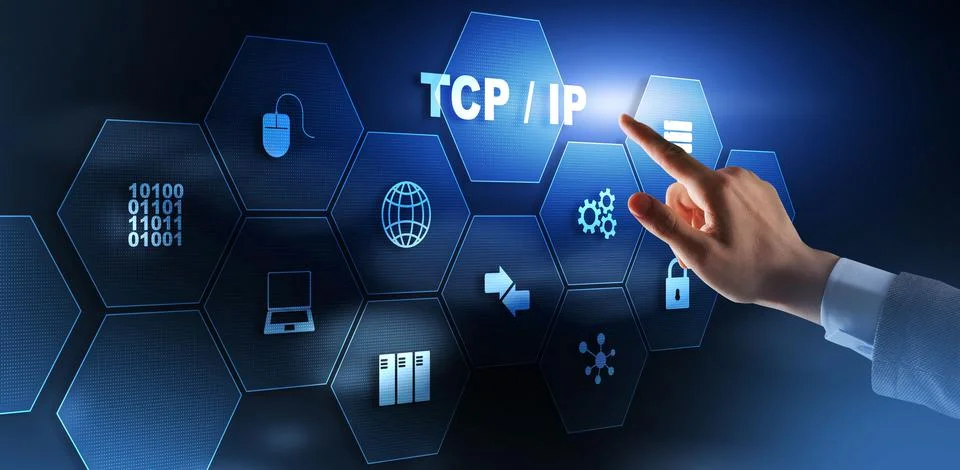 TCP IP. Network data transmission model on abstract background Stock Photos
