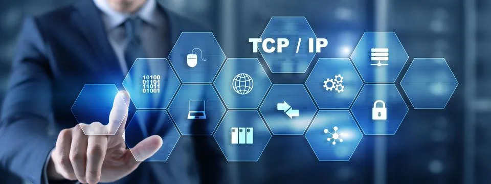 TCP IP. Network data transmission model on abstract background Stock Photos