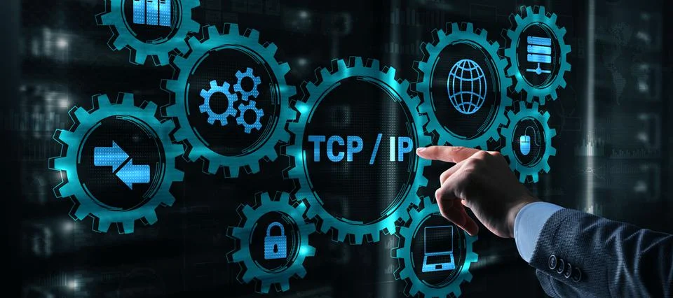 TCP IP. Network data transmission model on abstract background Stock Photos
