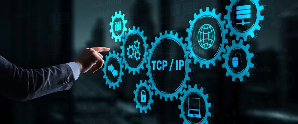 TCP IP. Network data transmission model on abstract background Stock Photos