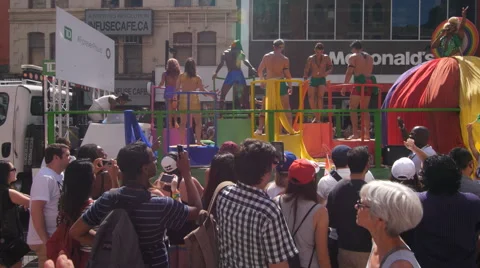TD Canada Trust float with dancers at 2016 Pride Parade in Toronto. Stock Footage 64789129