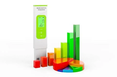 TDS meter with growth bar graph and pie chart. 3D rendering TDS meter with... Stock-Fotos