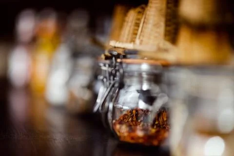 Tea accessories on the bar in defocus Foto stock