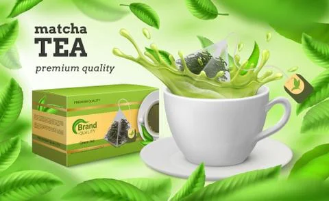 Tea ad. Realistic cup and package of green and dried tea, natural herbal drink Stock Illustration