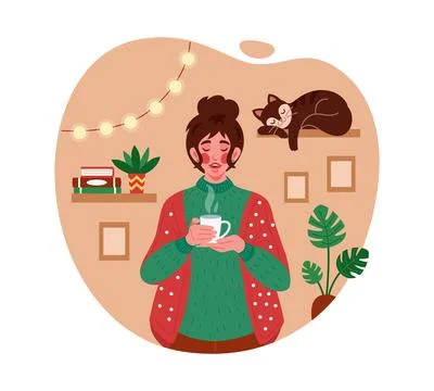 Tea and blanket in winter. Alone autumn character warming arms. Girl drinking Stock Illustration