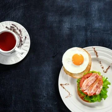 Tea and breakfast on a blackboard Stock Photos
