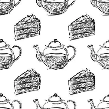 Tea and Cake Slice Scribble Seamless Pattern in Black and White Stock Illustration