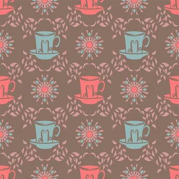 Tea And Coffee Cup Repeat Pattern In Aqua And Pink On A Decorated Chocolate B Stock Illustration