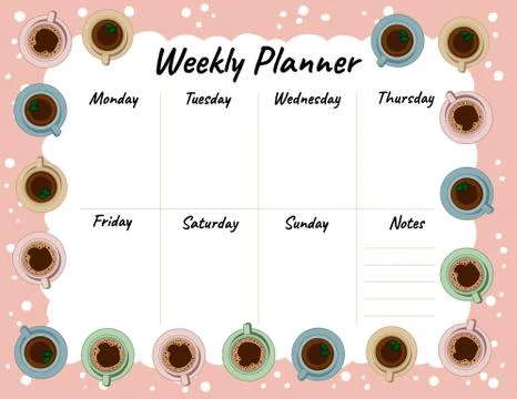 Tea and coffee cups weekly planner and to do list. Morning cafe or restaurant Stock Illustration