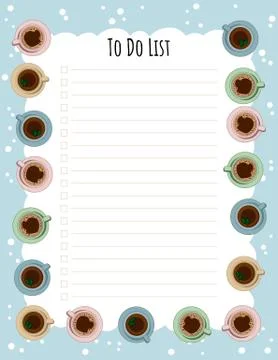 Tea and coffee cups weekly planner and to do list. Morning cafe or restaurant Stock Illustration