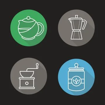 Tea and coffee flat linear long shadow icons set Stock Illustration
