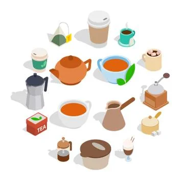 Tea and coffee set, isometric 3d style Stock Illustration