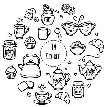 Tea and Coffee Time Doodle Set. Hand-Drawn Black Line Icons of Teapots, Cups and Stock Illustration