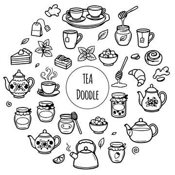 Tea and Coffee Time Doodle Set. Hand-Drawn Black Line Icons of Teapots, Cups and Stock Illustration