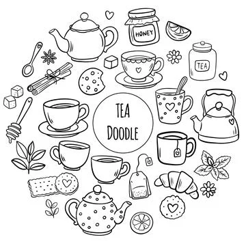 Tea and Coffee Time Doodle Set. Hand-Drawn Black Line Icons of Teapots, Cups and Stock Illustration