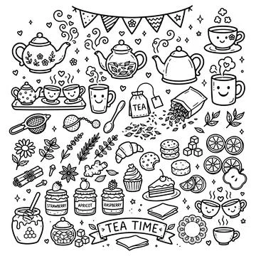 Tea and Coffee Time Doodle Set. Hand-Drawn Black Line Icons of Teapots, Cups and Stock Illustration