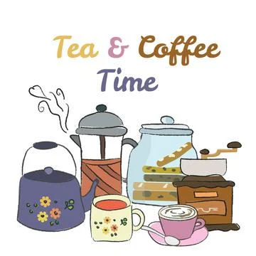 Tea and coffee time vector illustration, hand drawn cartoon style Stock Illustration
