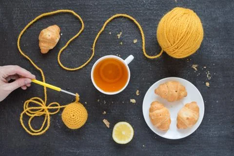 Tea and crocheting time Stock Photos