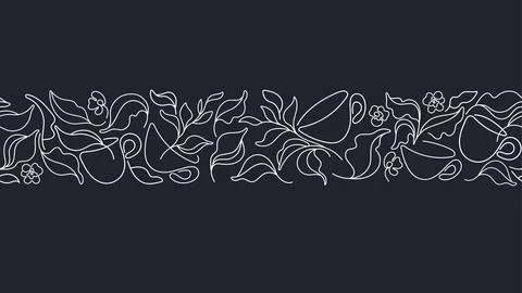 Tea and cup Vector seamless border Linear abstract Stock Illustration