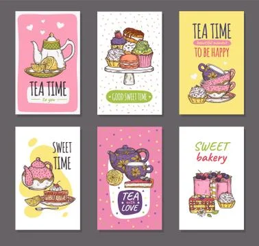 Tea and dessert time set of cards with cakes sketch cartoon vector illustration. Stock Illustration