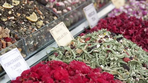 Tea and dried flowers assortiments in streets of Turkey Stock Footage 320004613
